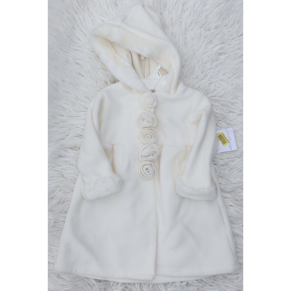 Starting Out Girls Ivory Fleece Coat Faux Fur Hood Rosette Buttons 18M NWT